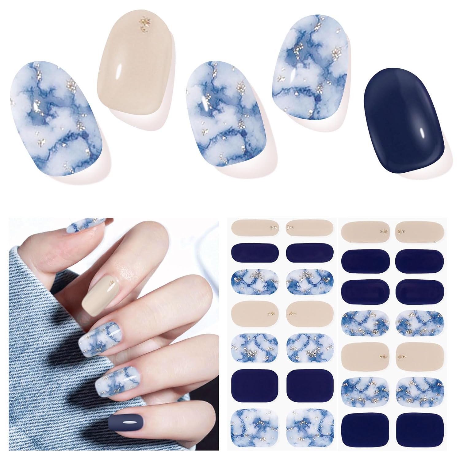 Semi Cured Gel Nail Strips (Dark Blue), 28 pcs Gel Nail Stickers, Work with Any UV Lights, Long-Lasting NailWraps for Women Art DIY, Salon-Quality, Easy to Apply & Remove