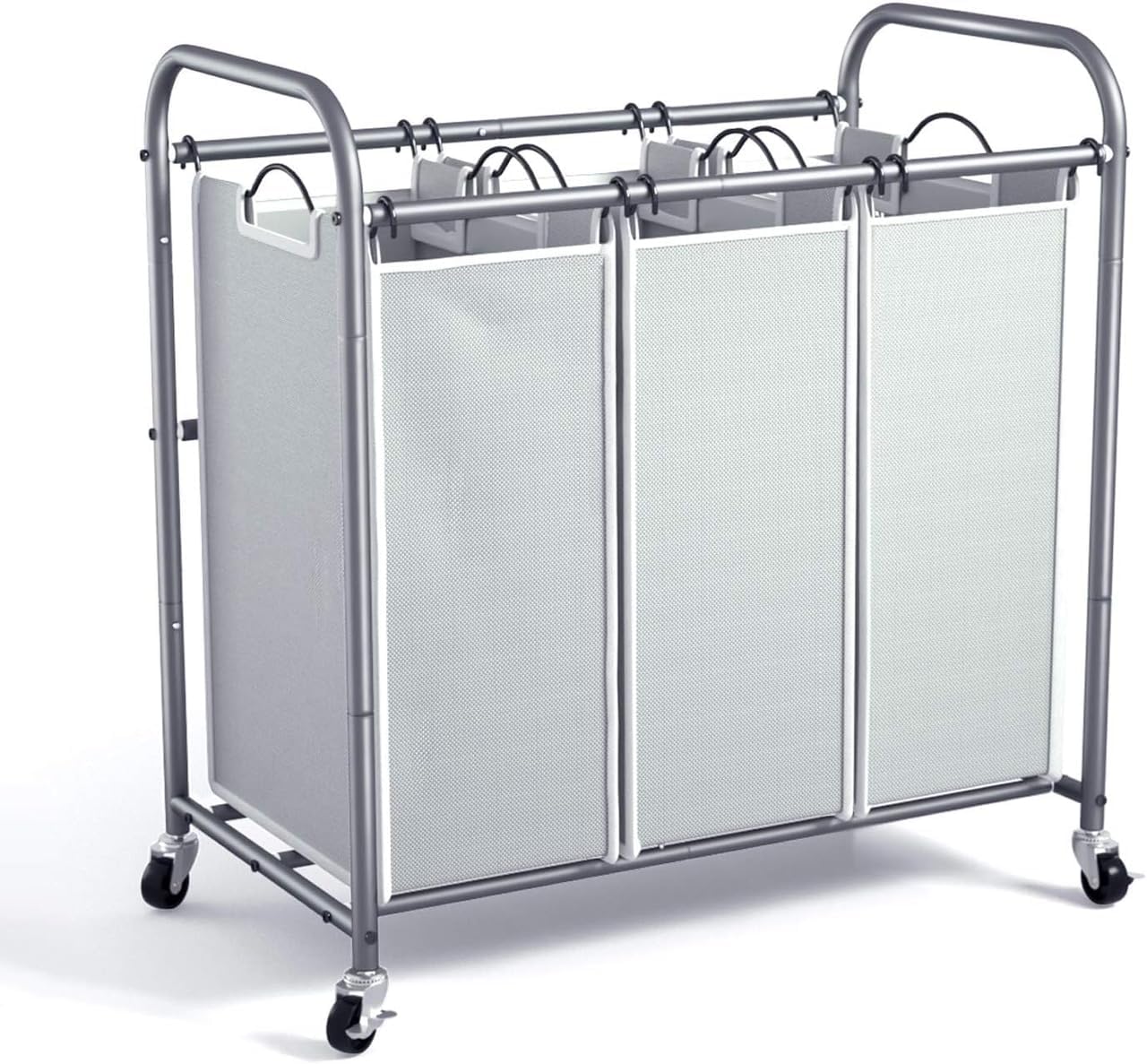 ROMOON Laundry Sorter, Laundry Basket Hamper 3 Section with Heavy Duty Rolling Lockable Wheels and Removable Bags, Laundry Organizer Cart for Dirty Clothes Storage, Grey