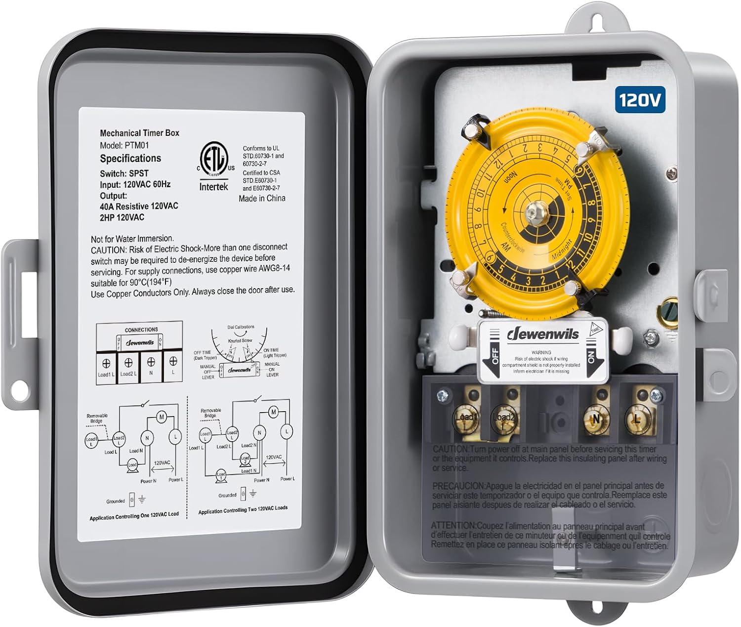 DEWENWILS 24-Hour Mechanical Timer Switch - 120VAC SPST, 2HP 40A | Metal Enclosure, Manual Override, Heavy Duty for Pool Pump, Water Heater, Lights and Fans, Weatherproof, ETL Listed, Gray