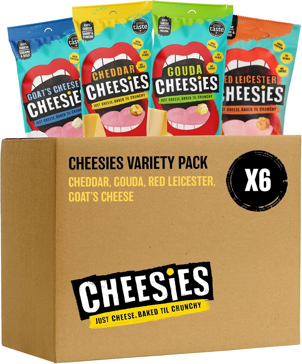 CHEESIES | Crunchy Snacking Cheese Keto Snack | Variety Pack | 100% Cheese | Sugar Free, Gluten Free, No Carb | High Protein and Vegetarian | Crunchy, Baked and Tasty | Multipack (20 g (Pack of 6))