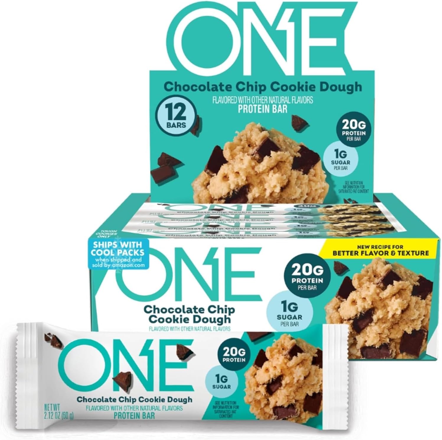 ONE Protein Bars, Chocolate Chip Cookie Dough, Gluten Free with 20g Protein and 1g Sugar, Pantry Staples, 2.12 oz (12 Count)