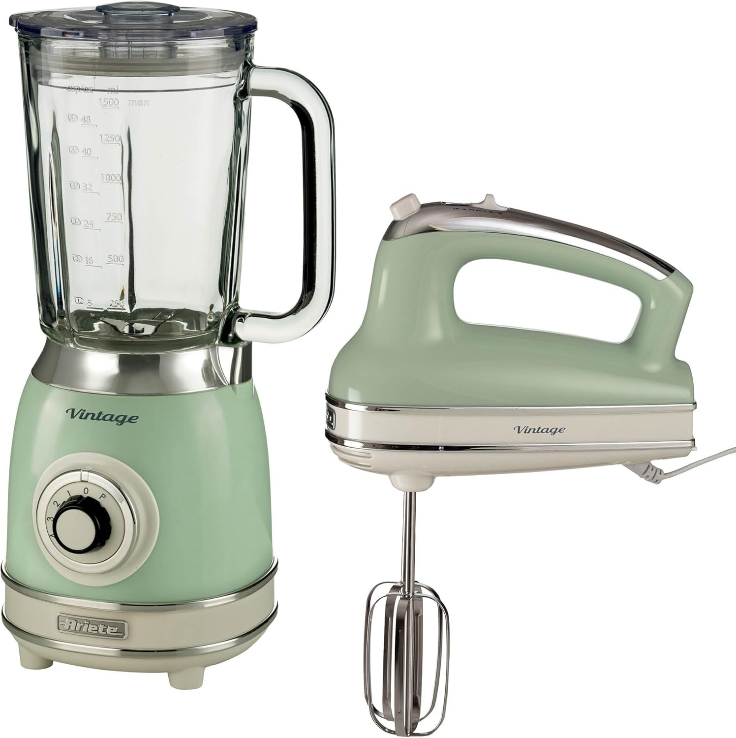 Ariete Vintage Hand Whisk AR4805 & Blender AR8305, Retro Style Food Prep Set with Stainless Steel Blades, Multiple Speed Settings & Easy-Clean Design, Green