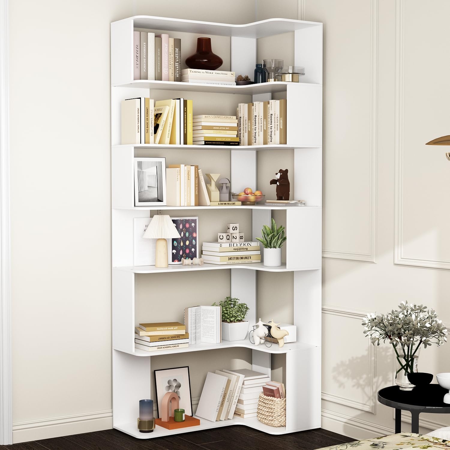 7-Tier Corner Bookcase Bookshelf, 81.9" Extra Tall Wall Corner Shelf with Storage, Modern Mid Century Floor Standing Plant Stand for Home Office, Living Room, Bedroom White