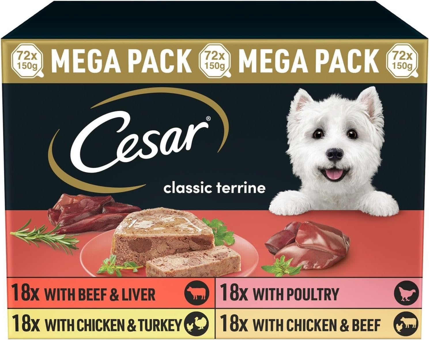 Cesar Classic Terrine Adult Wet Dog Food Trays, Mixed Selection, 72 x 150g