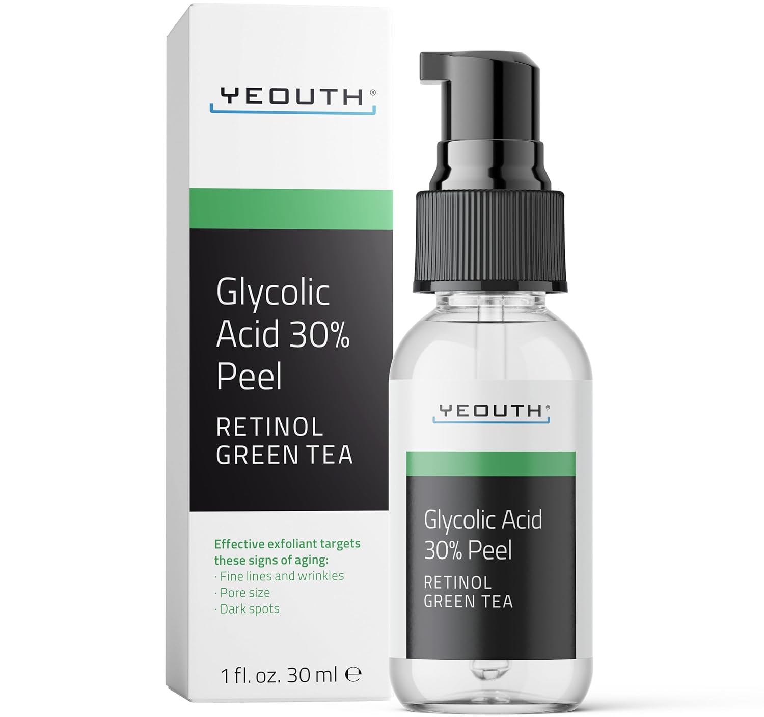 YEOUTH Glycolic Acid Peel for Face, At Home Exfoliator 30% AHA with Retinol and Green Tea, Facial Exfoliant for Smoother, Brighter-Looking Skin, Acne Prone Skin Care, 1 fl oz