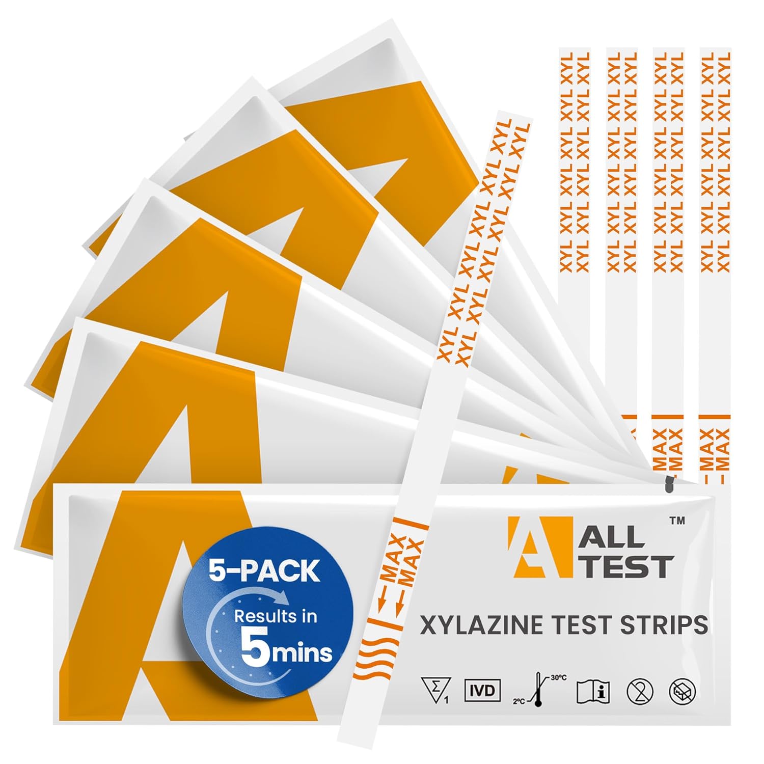 Xylazine Test Strips - 5 Test Strips Per Pack - #1 Global Selling Xylazine Test Strips for Powder or Liquid - Harm Reduction Tool, Overdose Prevention, 5 Minute Results, 500ng/mL Cut-Off