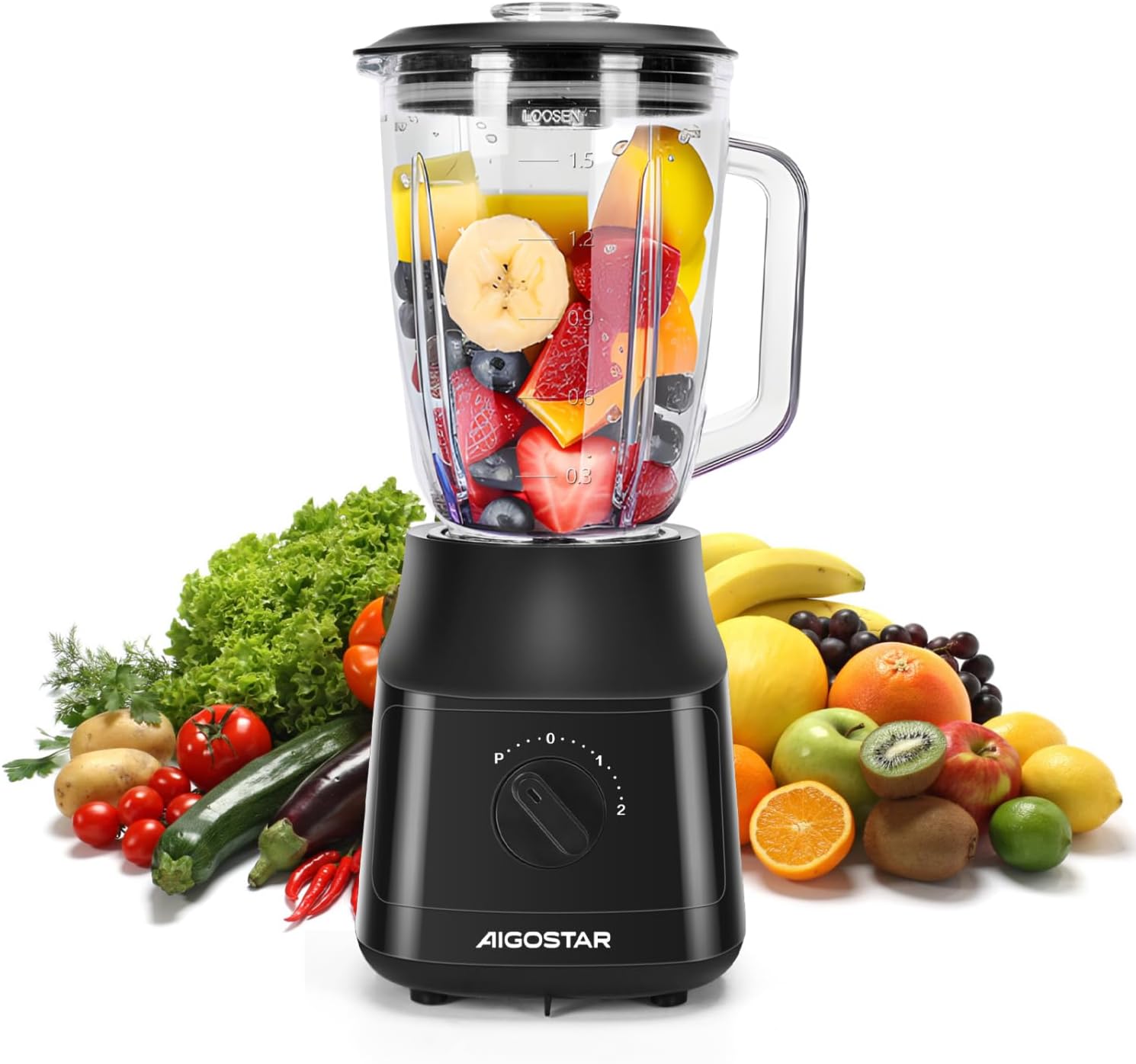 Aigostar 1.5L Blender Smoothie Maker 800W Glass Jug Blender Mixer with Titanium Plated Blades 2 Speeds and Pulse Ice Crushing for Shakes and Smoothies, BPA Free - Swift 03NSF