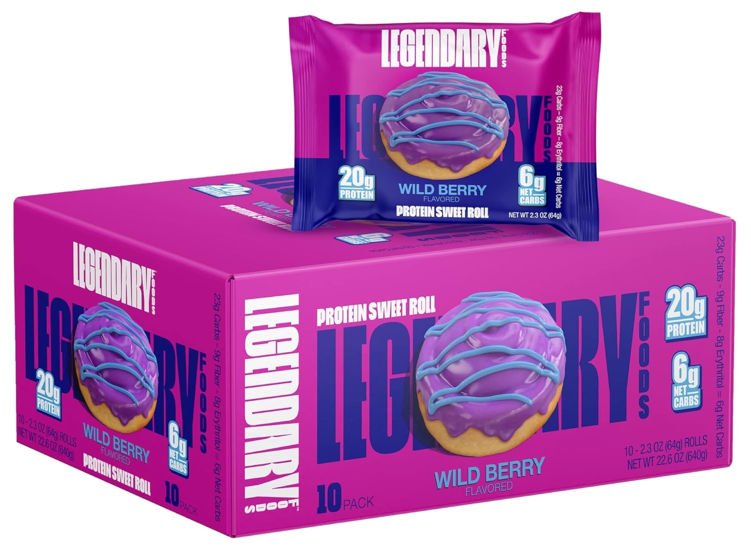 Legendary Foods 20g Protein Wild Berry Sweet Roll - Premium High Protien Bars, Low Carb Meal Replacement Snack, Low Glycemic Index, Gluten Free Snacks - Zero Sugar, Keto and Diabetic Friendly 10-Pack