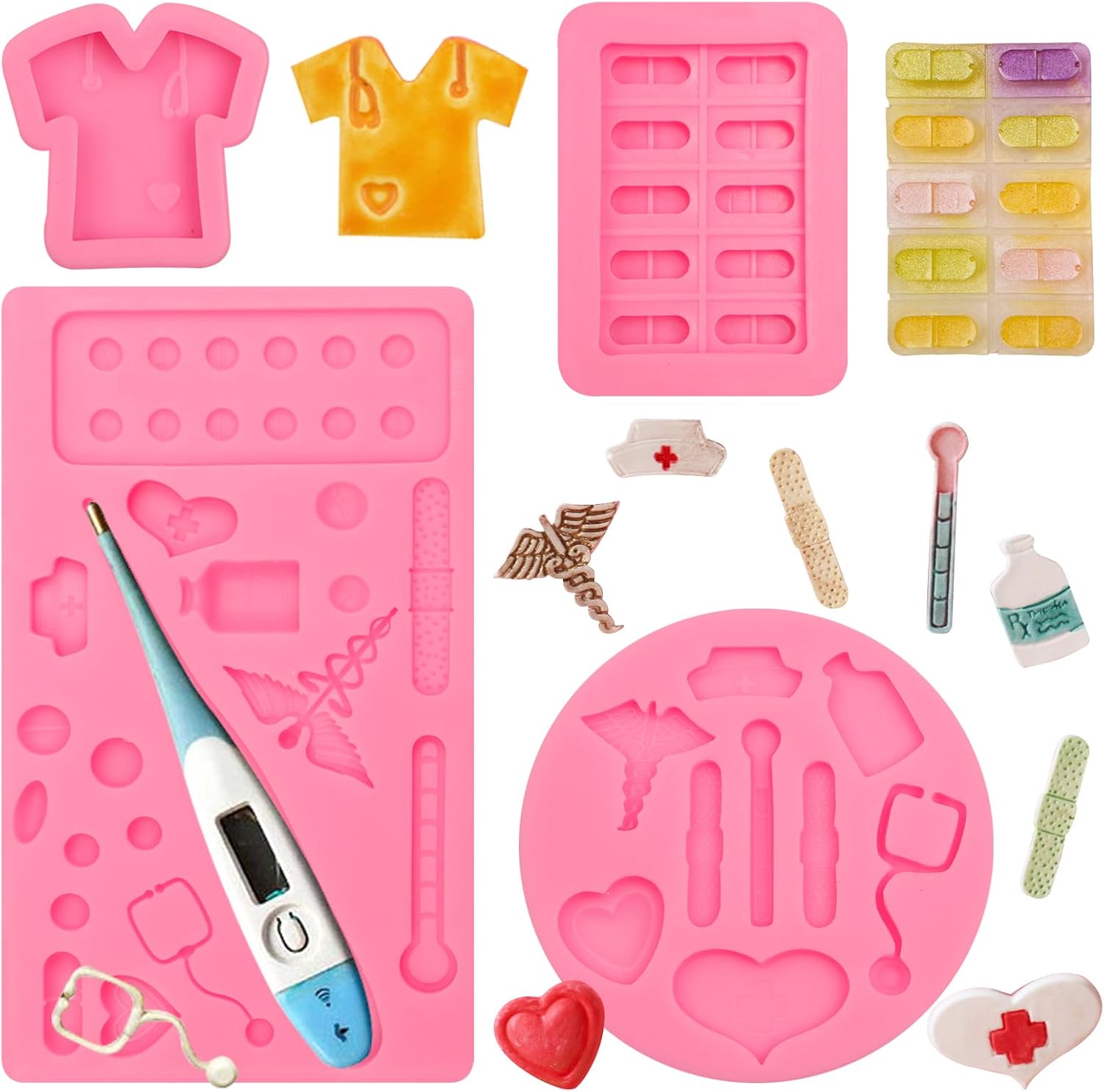Medical Apparatus Tablet Silicone Mold Nurse Hat Stethoscope Bottle Bandage Thermometer Chocolate Molds Medical Pill Tablets Molds for Nurse's Day Cupcake Cake Topper Decoration Candy Clay Resin
