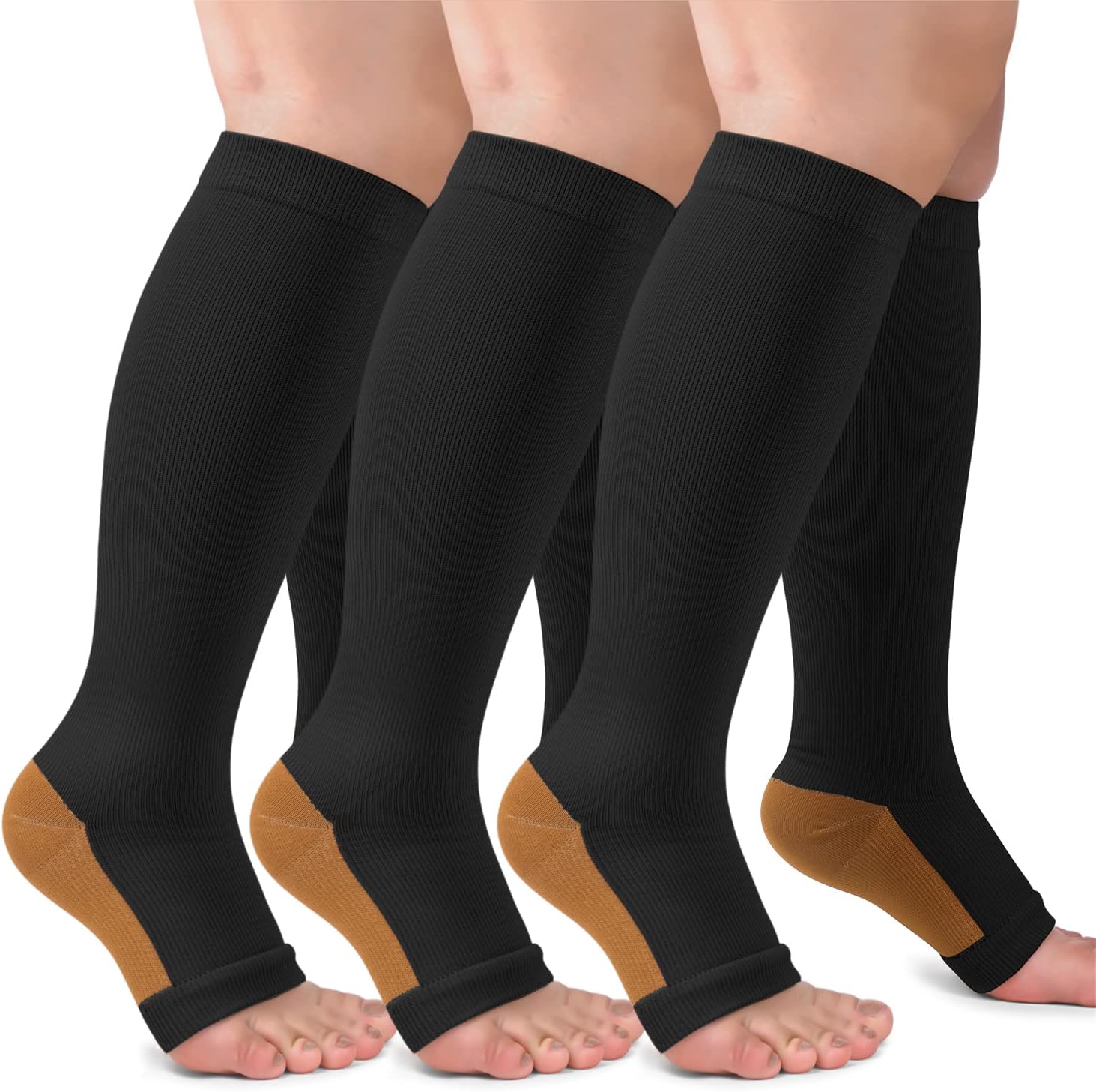 3 Pack Copper Compression Socks for Women & Men, 20-30mmHg Open Toe Knee High Stockings for Circulation Support