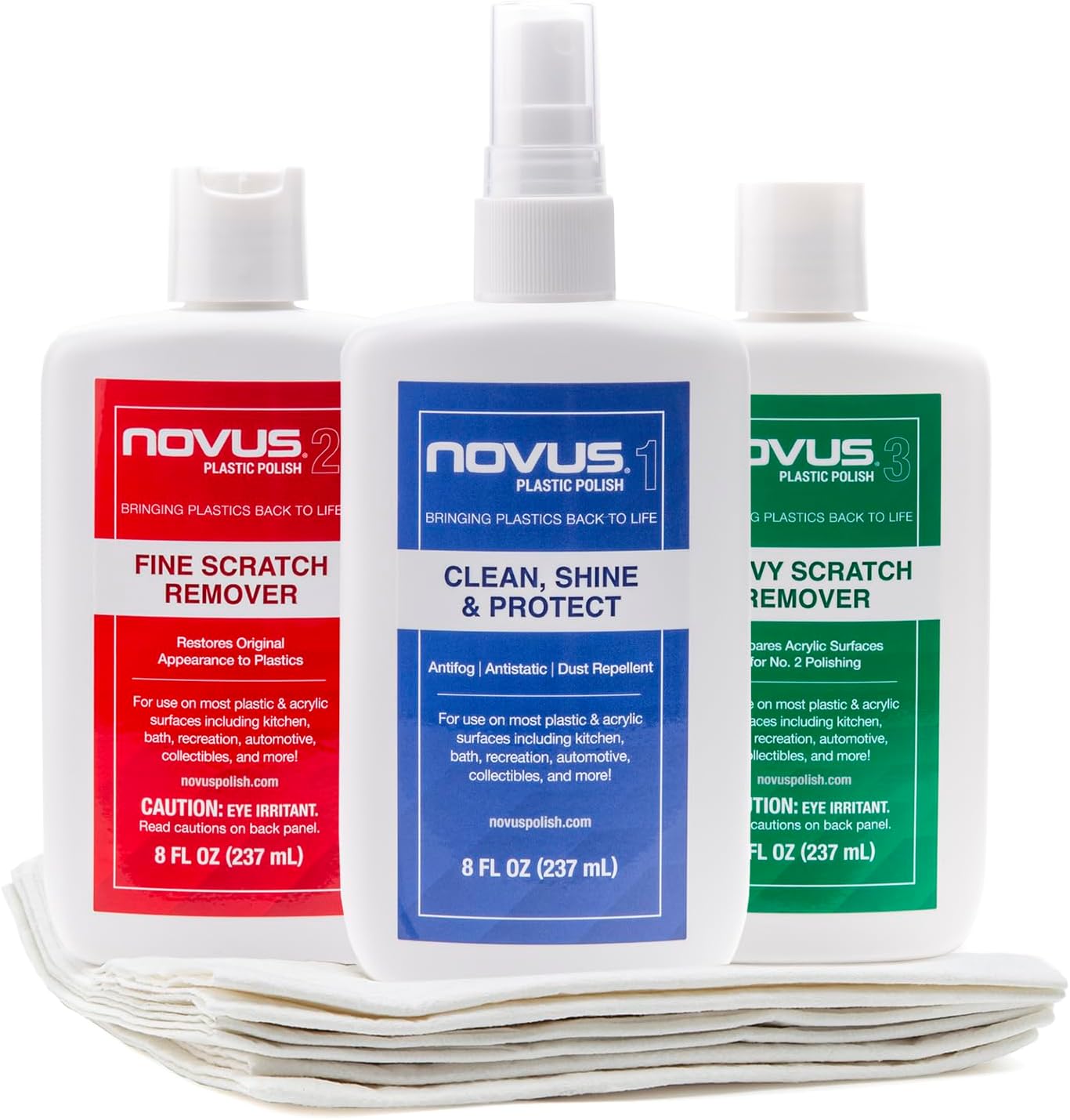NOVUS-PK1-8 | Plastic Clean & Shine #1, Fine Scratch Remover #2, Heavy Scratch Remover #3 and Polish Mates Pack | 8 Ounce Bottles | Automotive Detailing Supplies & Plastic Restorer for Cars