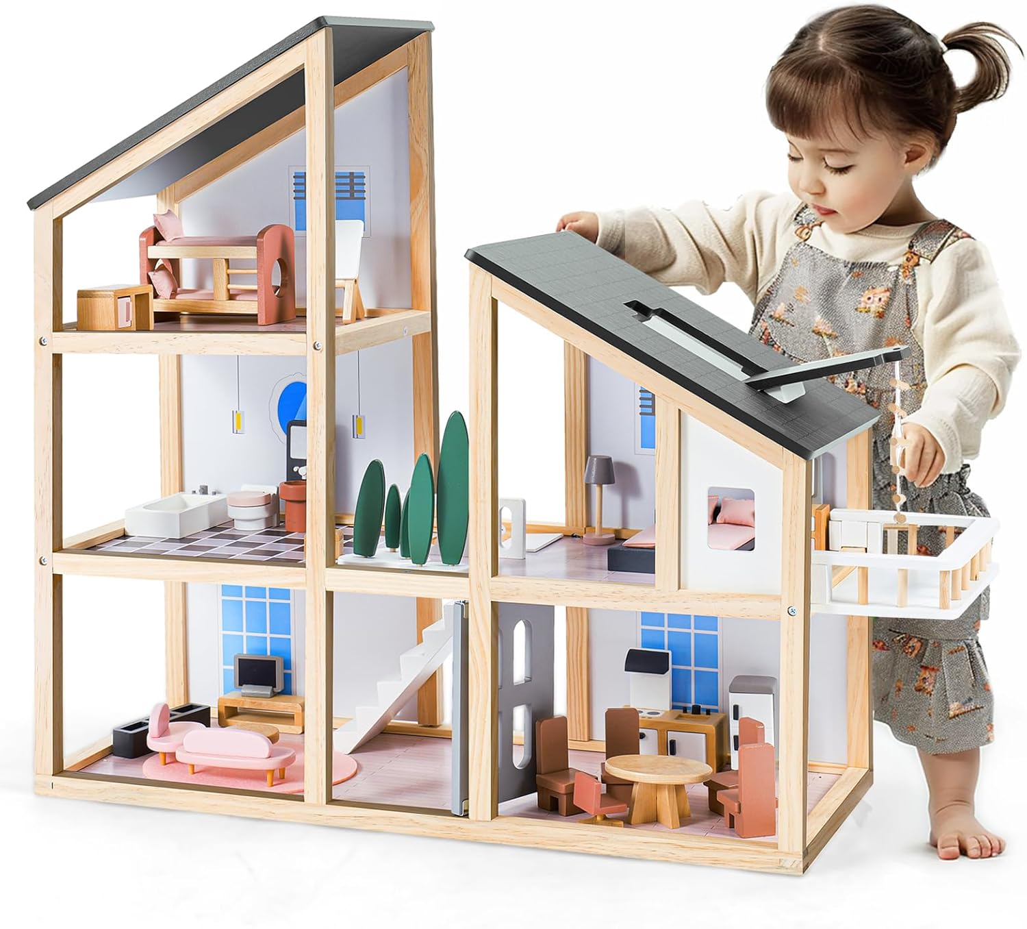 Large Wooden Doll House for Kids Ages 3+, Sturdy Modern Family Dollhouse Kit with Realistic Furniture Design, Educational Wooden Toy House for Toddlers Early Learning & Creative Play
