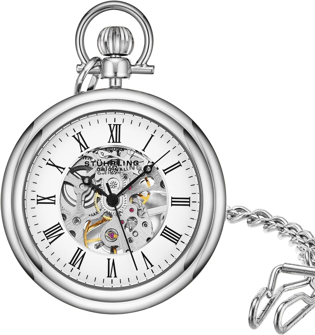 Stuhrling Original Men's Pocket Watch Stainless Steel Analog Skeleton Watch Hand Wind Mechanical Movement Stainless Steel Chain