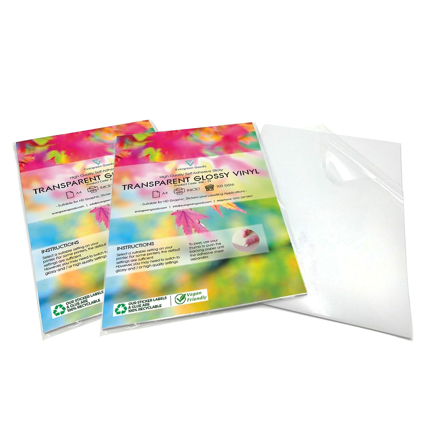 Evergreen Goods A4 Clear/Transparent Glossy Self-Adhesive Vinyl | 40 Sheets