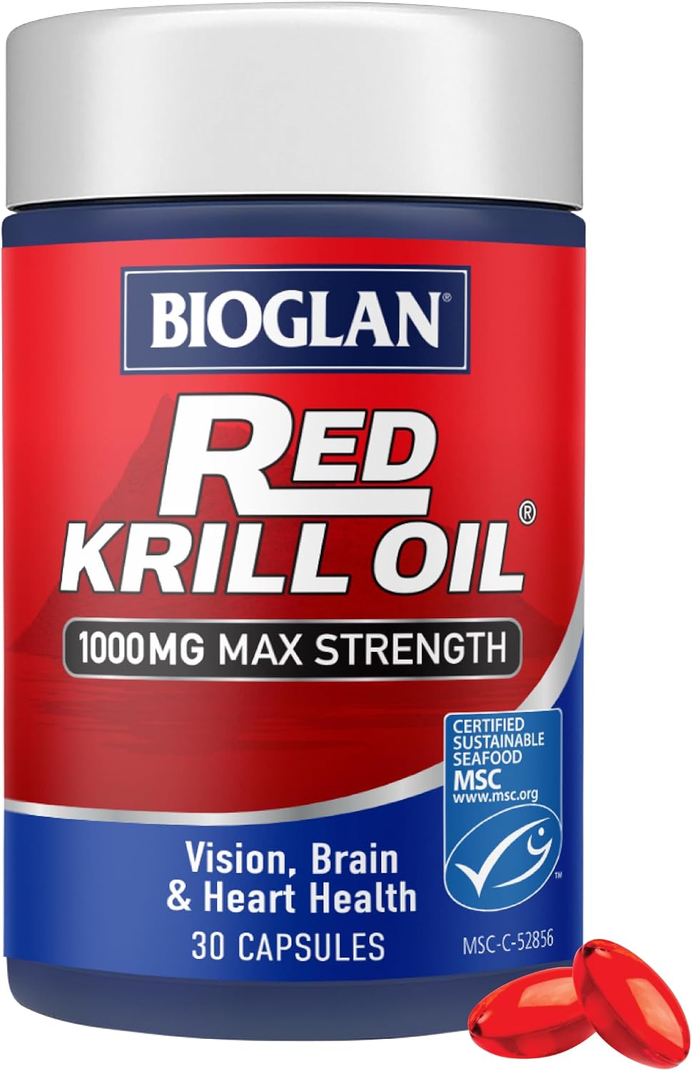 Bioglan Red Krill Oil Max Strength 1000 mg high in Omega-3 Fish Oil, EPA & DHA Help to Support Your Heart, Eye and Brain Health, One Month Supply – 30 Count