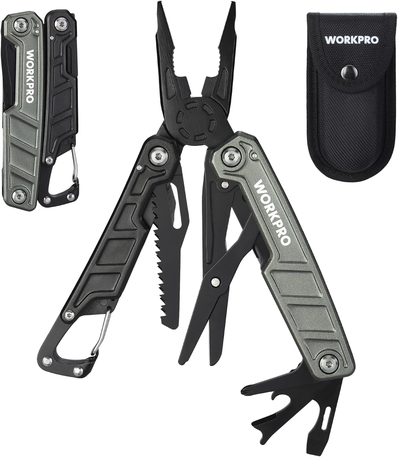 WORKPRO 11-in-1 Multi-Tool Pliers with Carabiner and Sheath, Stainless Steel Multi Tool with Carrying Bag, Scissors, Bottle Opener, Saw, Screwdriver, Carabiner for Camping
