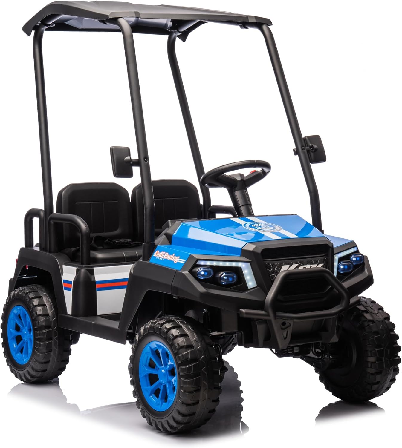NEWQIDA 24V Golf Cart for Kids Battery Powered 4 Seater Ride on Toys Big Kids Electric Car with Parent Remote Control, Plastic Roof, EVA Tires Wheels, Music Play, 220 Lbs Max Load, Up to 5MPH, Blue
