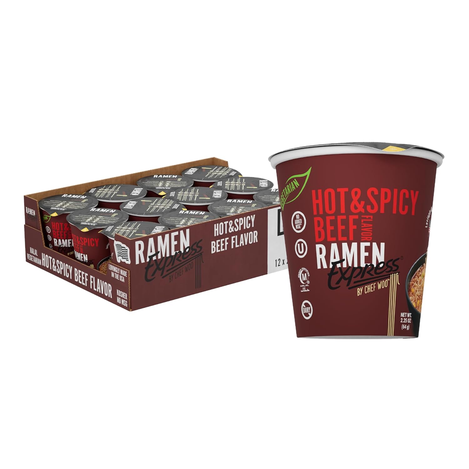 RAMEN EXPRESS Hot & Spicy Beef Flavor Ramen Cup Noodle, 2.25 Oz Each (Pack Of 12) | Animal-free Ramen Noodles | All Plant-based | Made in U.S. with finest American flour