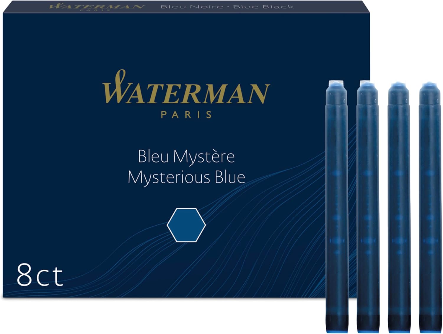Waterman Fountain Pen Ink Cartridges, Mysterious Blue, Long Standard, 8 Count
