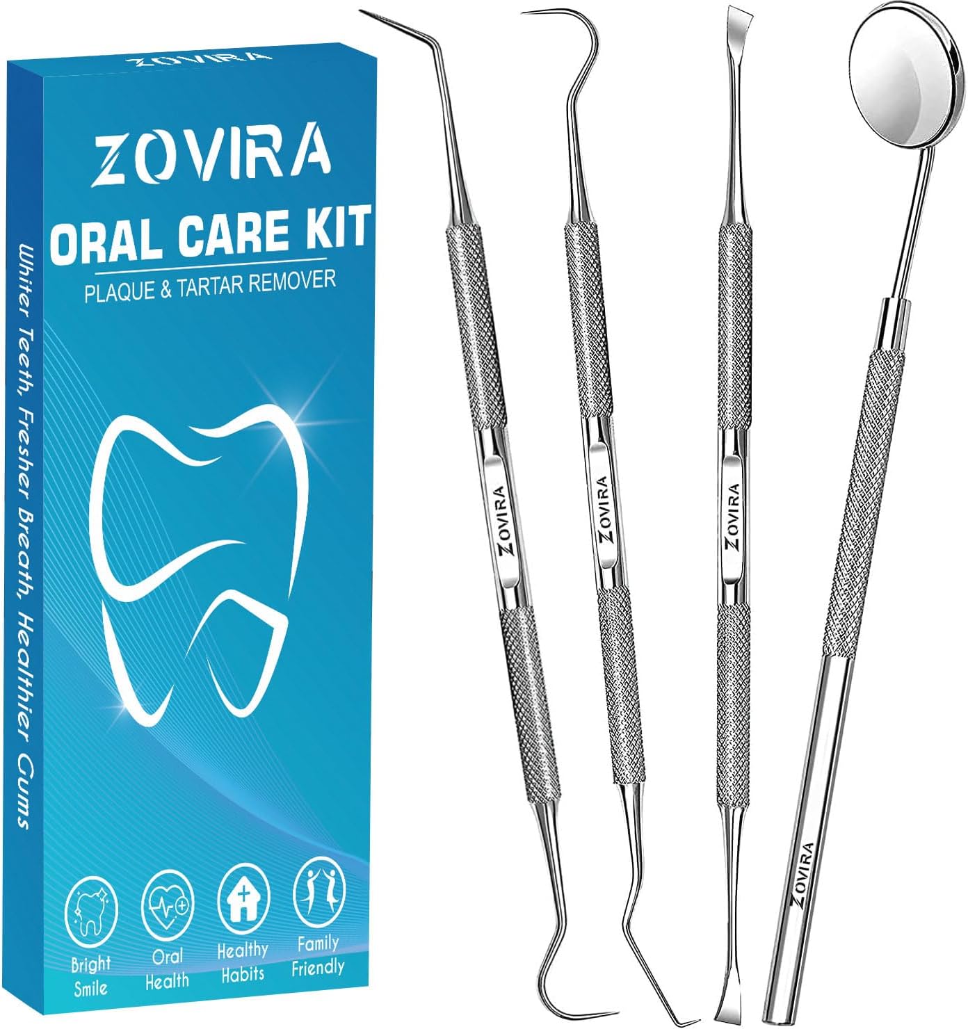 ZOVIRA Plaque Remover for Teeth 4pc Tooth Cleaning Kit with Tartar and Calculus Removal Dental Care Set Stainless Steel Dentist Tools for Personal and Home Use