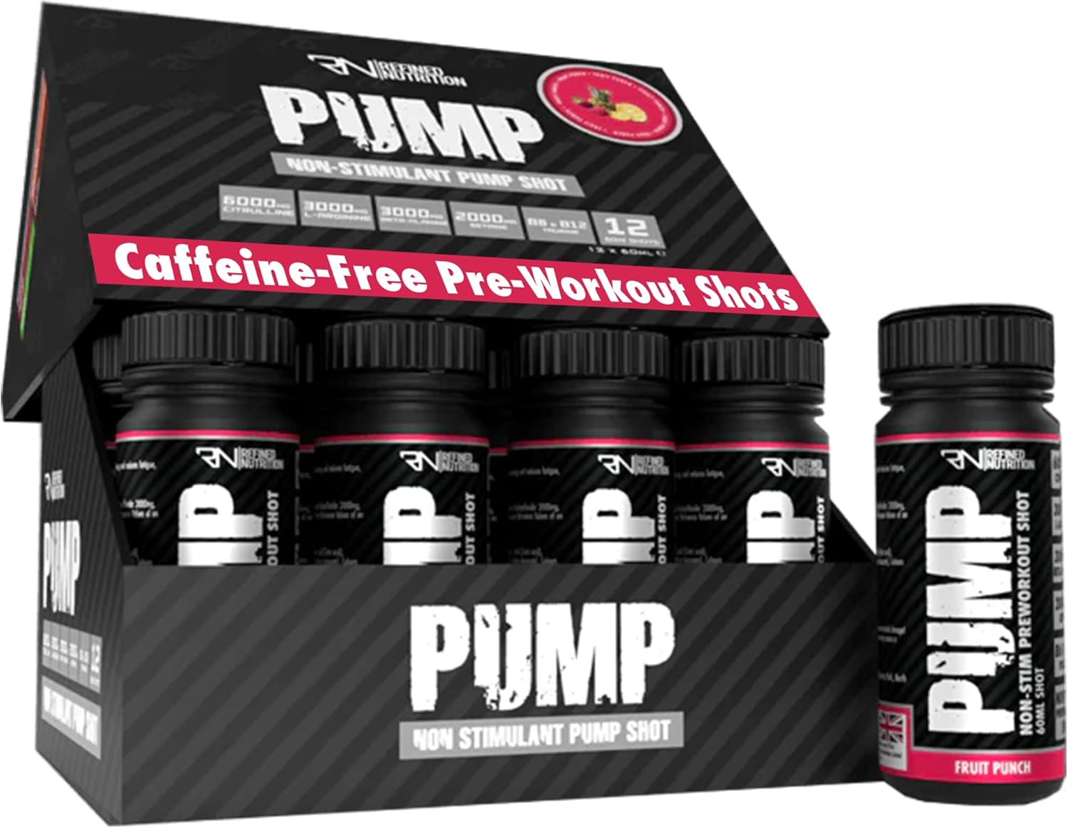 Refined Nutrition Non Stim Pre Workout Shots (12 Bottles, Fruit Punch) - Caffeine-Free Pump Pre Workout Shots for Energy, Focus & Endurance with Beta-Alanine, Citrulline, L-Arginine, Vitamin B6 & B12