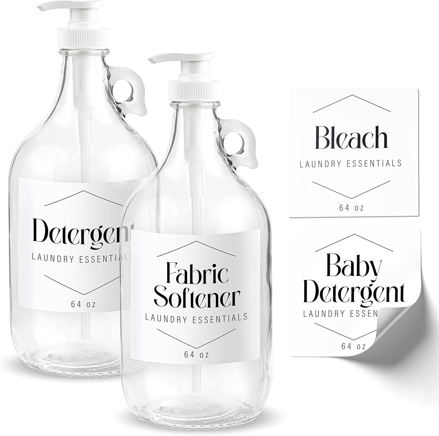 Half Gallon Glass Laundry Room Dispenser Pump Bottle for Detergent, Fabric Softener, and Soap with Waterproof Decal Stickers- 64 oz kitchentoolz - Pack of 2 Bottles