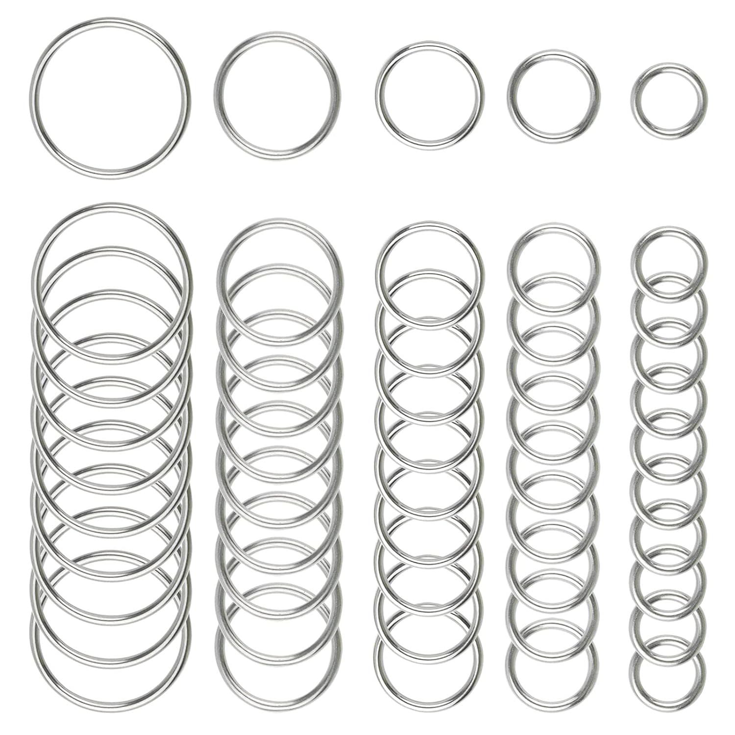 50 Pcs Stainless Steel Smoothing Welded O-Ring, 15/20/25/30/40mm Inside Diameter Metal Round Rings for Camping Belt, Dog Leashes, Hardware (Thickness 3mm, 10 of Each)