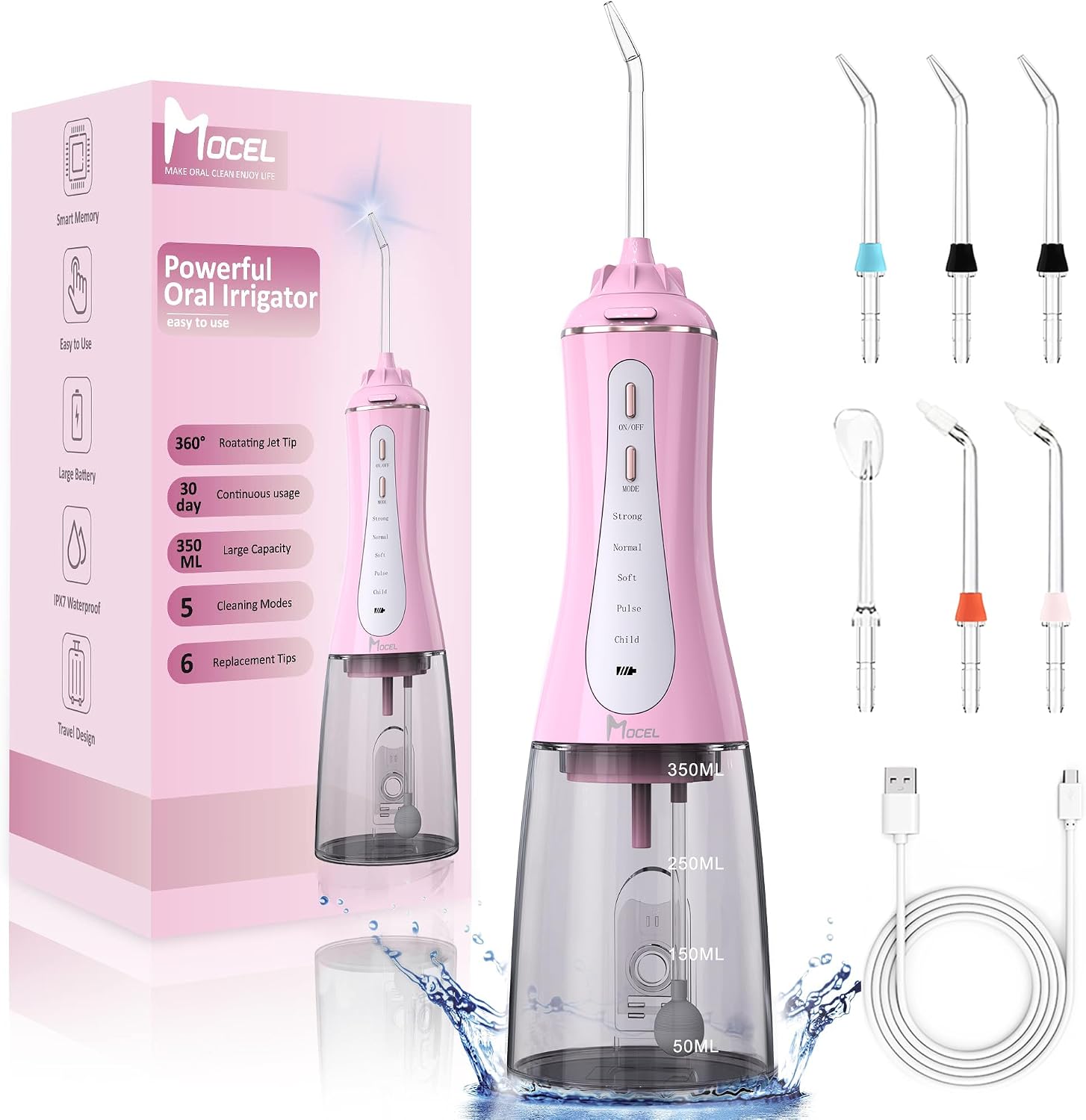MOCEL Water Dental Flosser for Teeth - 350ML Large Tank 5 Modes & 6 Tips Cordless, Oral Irrigator Waterproof, Portable Teeth Cleaning and Flossing with Effective Plaque Remover for Adults (Pink)