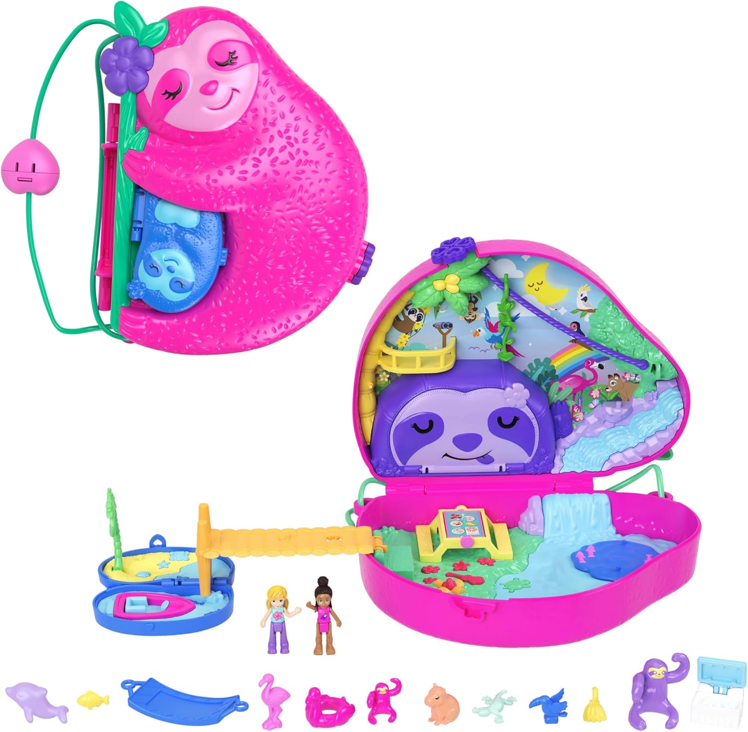 Polly Pocket Playset & Travel Toy with 2 Micro Dolls & 12 Accessories, Animal Toy, Sloth 2-in-1 Purse Compact