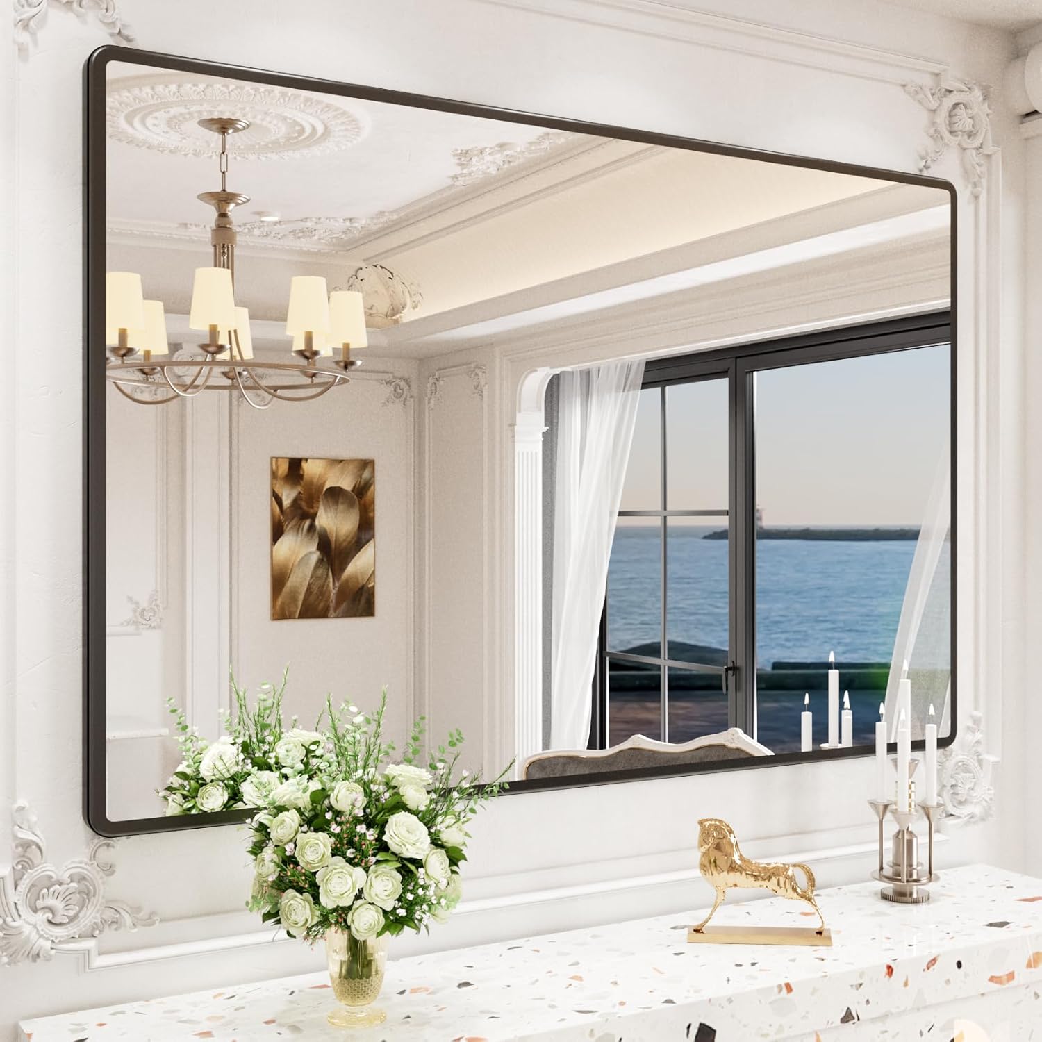 New Upgrade 60X40 Inch Wall Mounted Bathroom Mirror, Black Metal Frame Rounded Rectangle Mirror, Bathroom Vanity Mirror with Tempered Glass for Washroom Bedroom Living Room