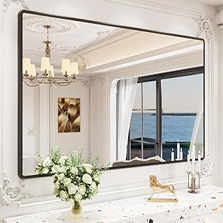 New Upgrade 60X40 Inch Wall Mounted Bathroom Mirror, Black Metal Frame Rounded Rectangle Mirror, Bathroom Vanity Mirror with Tempered Glass for Washroom Bedroom Living Room