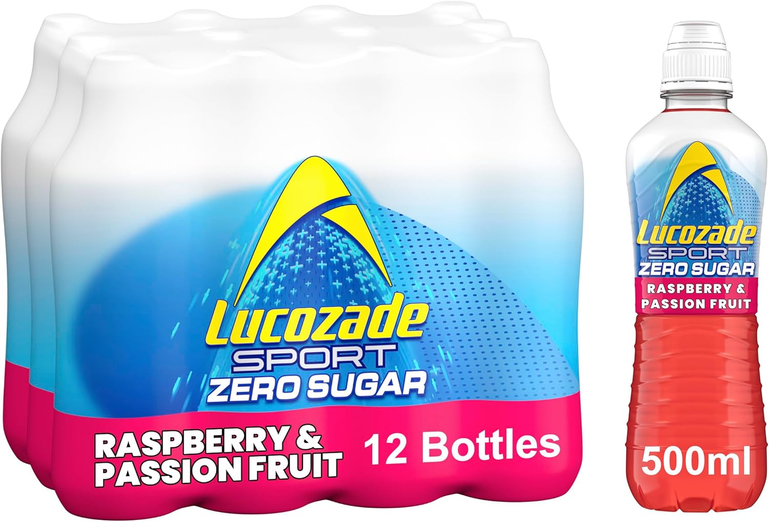 Lucozade Sport Zero Sugar - Raspberry & Passionfruit 12x500ml | Sugar Free Sports Drink, with Vitamin B3 and electrolyte | Zero Sugar | Only 4 calories per serving | Still | Made with Natural Flavours
