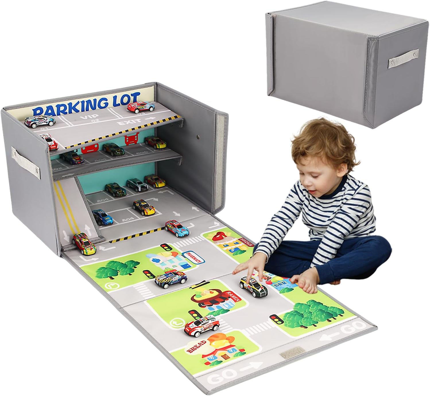 LITTLECUCU 3-in-1 Toy Car Storage Box – Car Garage Toy with Play Mat & Parking Garage, Includes 20 Cars – Foldable & Portable for Kids