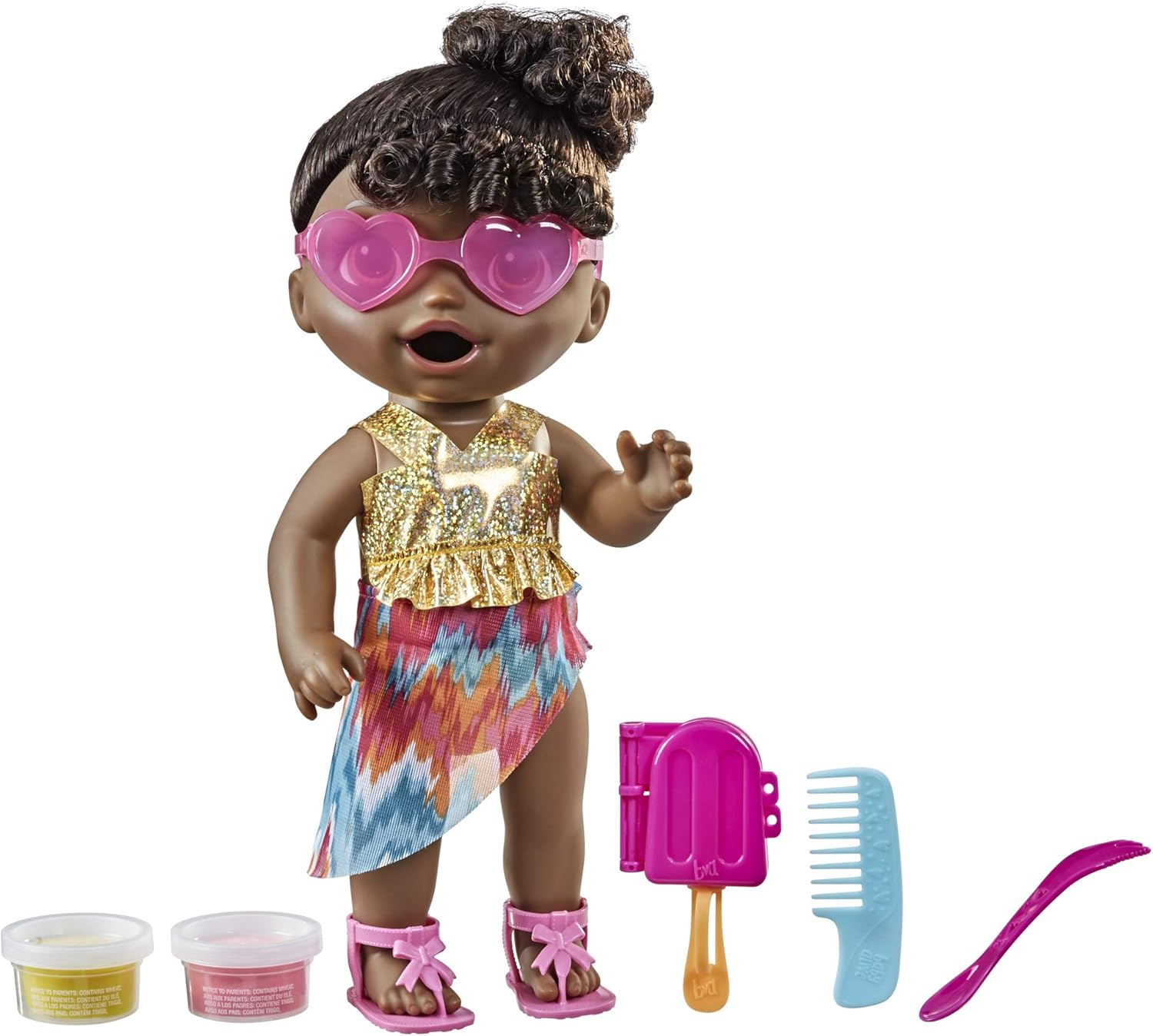 Baby Alive Sunshine Snacks Doll, Eats and Poops, Summer-Themed Waterplay Baby Doll, Ice Pop Mold, Toy for Kids Ages 3 and Up, Black Hair