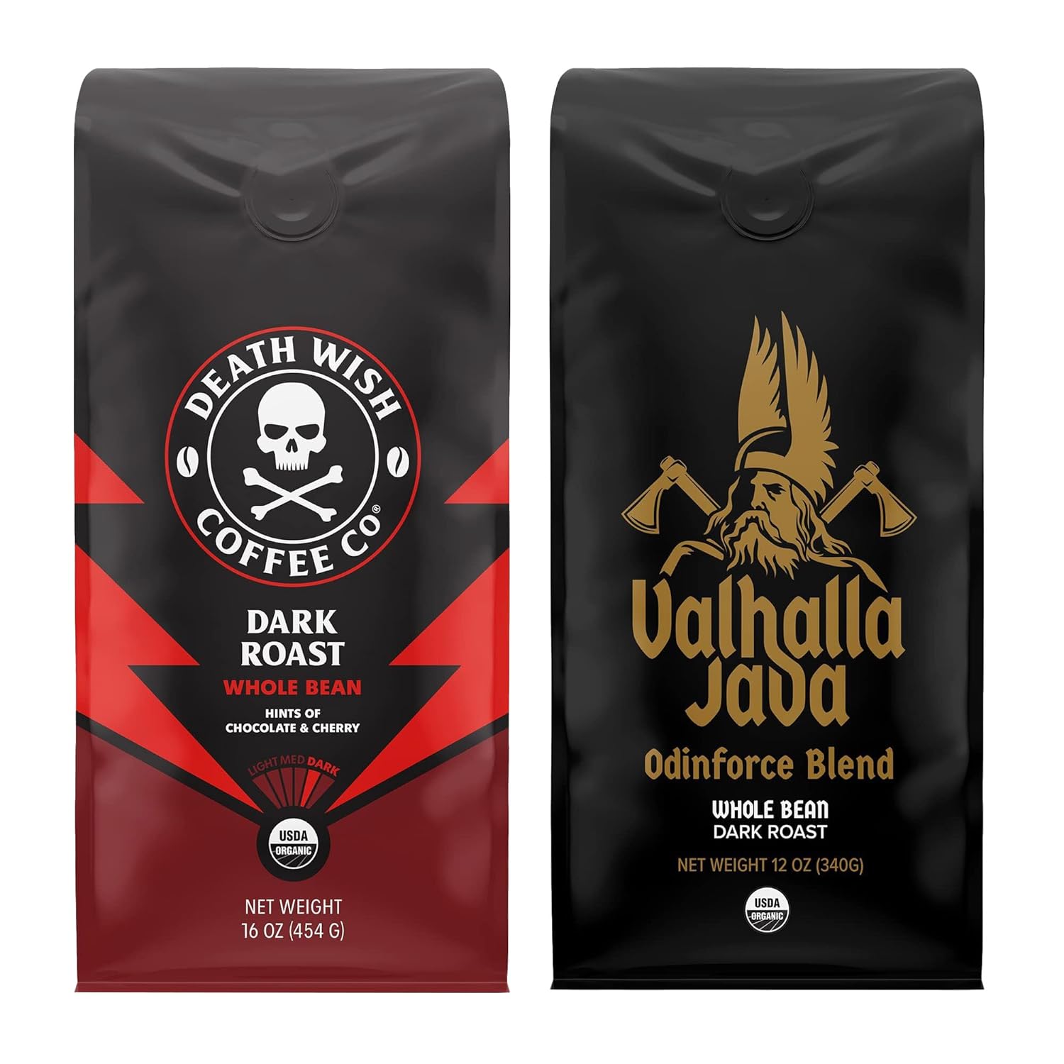 Death Wish Coffee Co. Whole Beans - Extra Kick of Caffeine - 1 lb & Valhalla Java Odinforce Blend 12 oz - Whole Bean Coffee Bundle/Bulk - USDA Certified Organic - Fair Trade - Arabica & Robusta Beans
