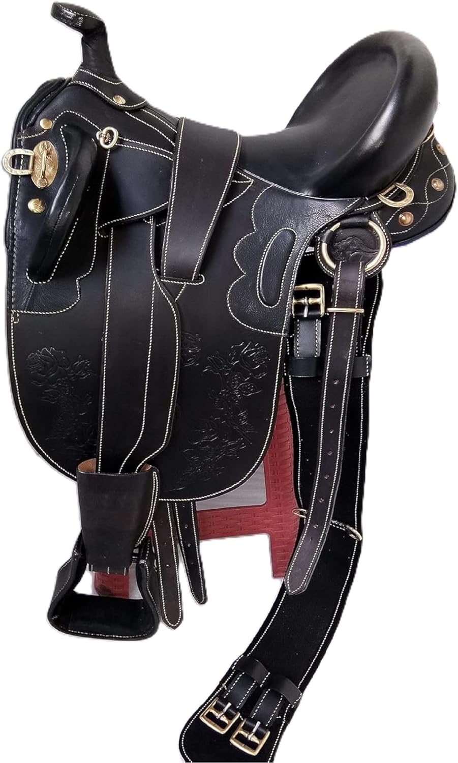Black Seat Australian Leather Saddle | Horse Aussie Collection Embossed Handmade Saddle | Flap Style with Horn & Plastic Stirrups Saddle | with Free Sets and All Customization Available