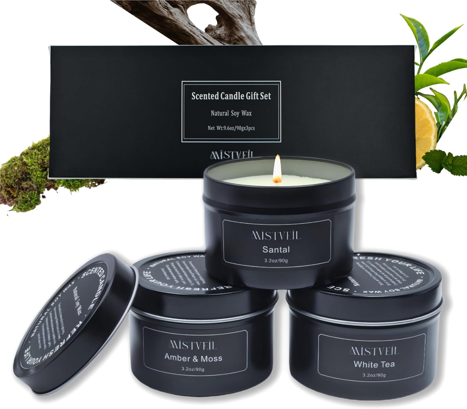 Scented Candles Set for Men, Scented Candles for Home, Aromatherapy Jar Candles, Gifts for Men, 3 Pack Mens Candle Gifts for Men Scents of Sandalwood/Amber&Moss/White Tea