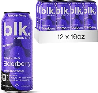 blk. Natural Alkaline Mineral Sparkling Water Electrolyte Infused with Fulvic and Amino Acids, Zero Sugar, Zero Calories Drink, Elderberry Flavored, 16 oz, 12 pack