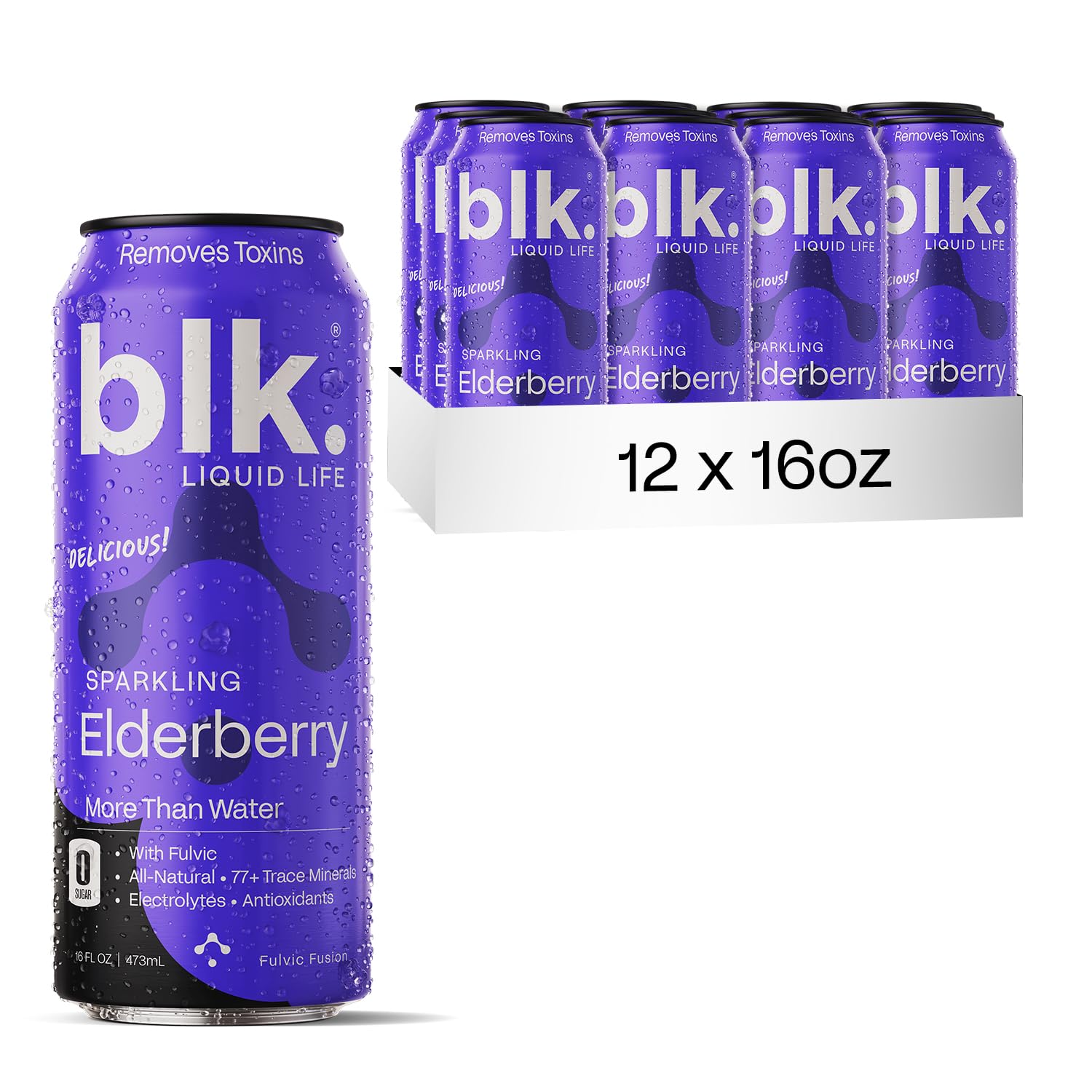 blk. Natural Alkaline Mineral Sparkling Water Electrolyte Infused with Fulvic and Amino Acids, Zero Sugar, Zero Calories Drink, Elderberry Flavored, 16 oz, 12 pack