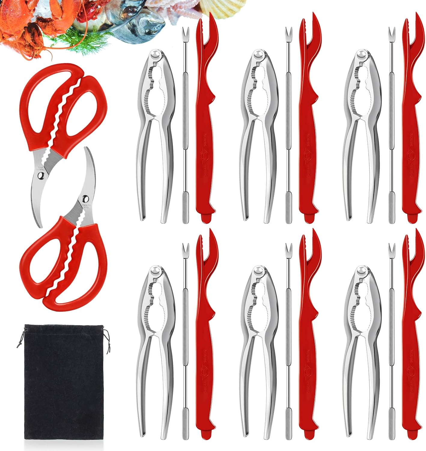 Crab Crackers and Tools, 20 Pcs Seafood Tools Set includes 6 Crab Crackers, 6 Lobster Shellers, 6 Crab Leg Forks/Picks, 2 Seafood Scissors and Storage Bag, Nut Crackers Set for Crab Legs