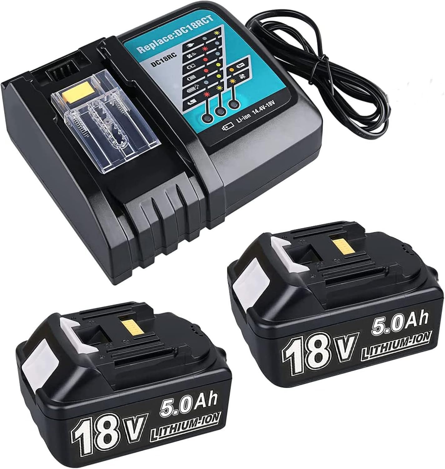 2 Pack 5.0Ah BL1850B Battery + 3A DC18RC Charger Compatible with Makita 18V Batteries 14.4V-18V BL1850 BL1830 BL1860 BL1840 and DC18RD DC18RC DC18SF DC18RCT DC18RF Charger