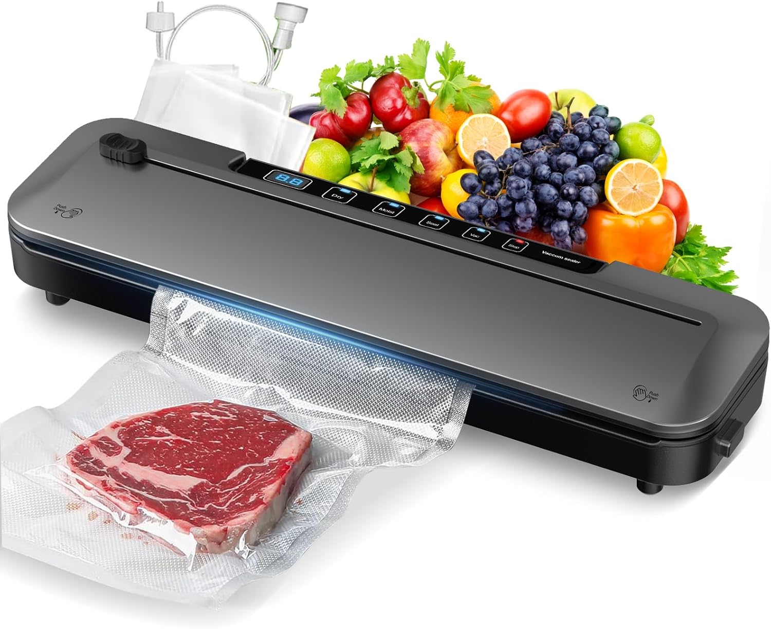 75Kpa Vacuum Sealer for Food, Food Vacuum Sealer Machine with Digital Timer, Moist/Dry Modes, Built-in Cutter & 10 Vacuum Bags – Compact 6-in-1 Sealer (Grey)