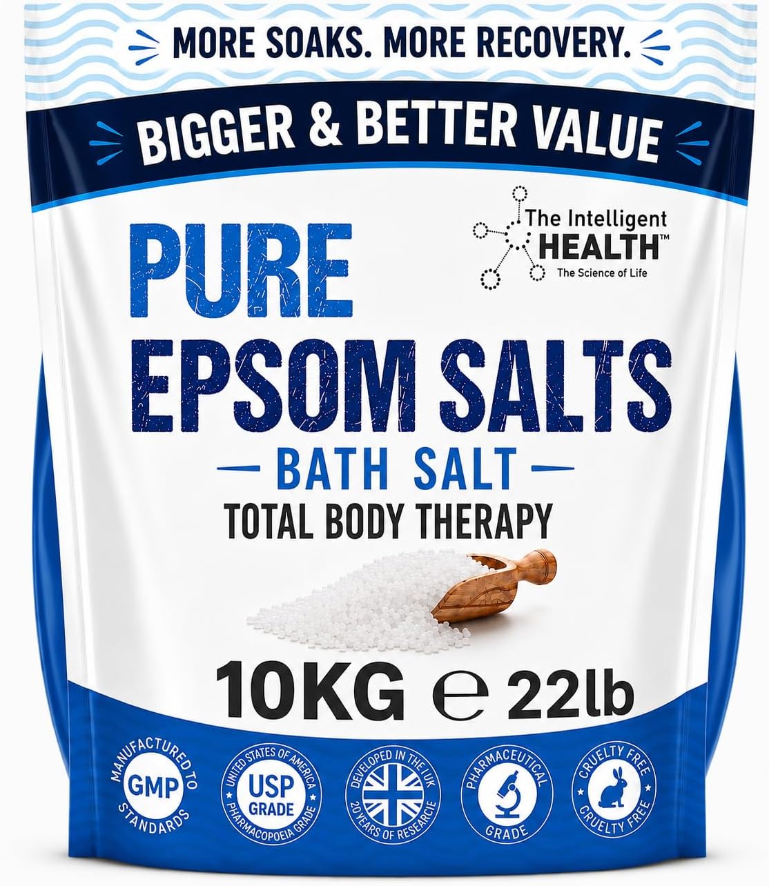 Pure Epsom Salts 10kg, Total Body Therapy, 100% Pure Premium Quality Magnesium Sulphate Traditional Bath Soak, Fine 1.4mm Easily Dissolvable Grain Size, Vegan Friendly by The Intelligent Health