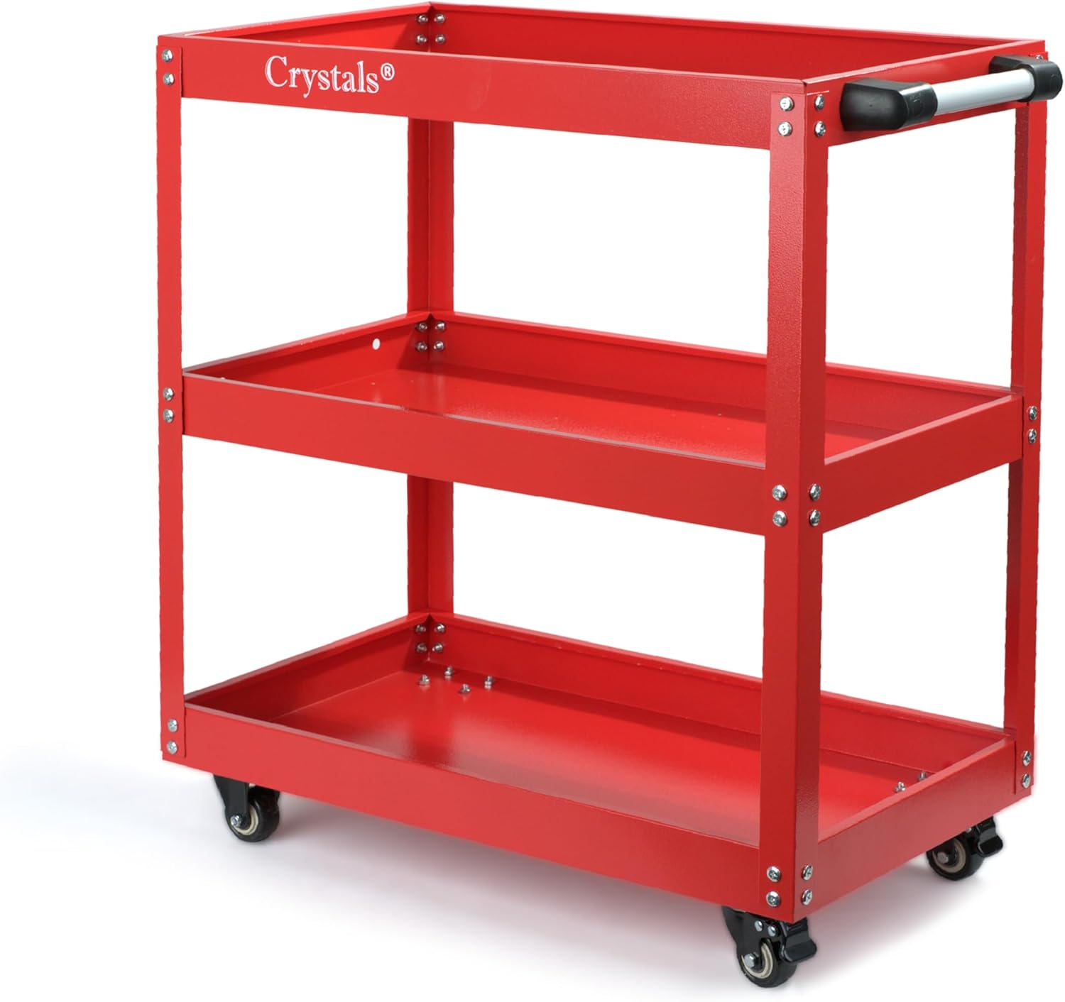 Crystals Tool Trolley on Wheels, 3-Tier Tool Storage Organiser with Lockable Wheels, Garage Tool Service Cart with Handle, Workshop DIY Storage Trolley (Red)