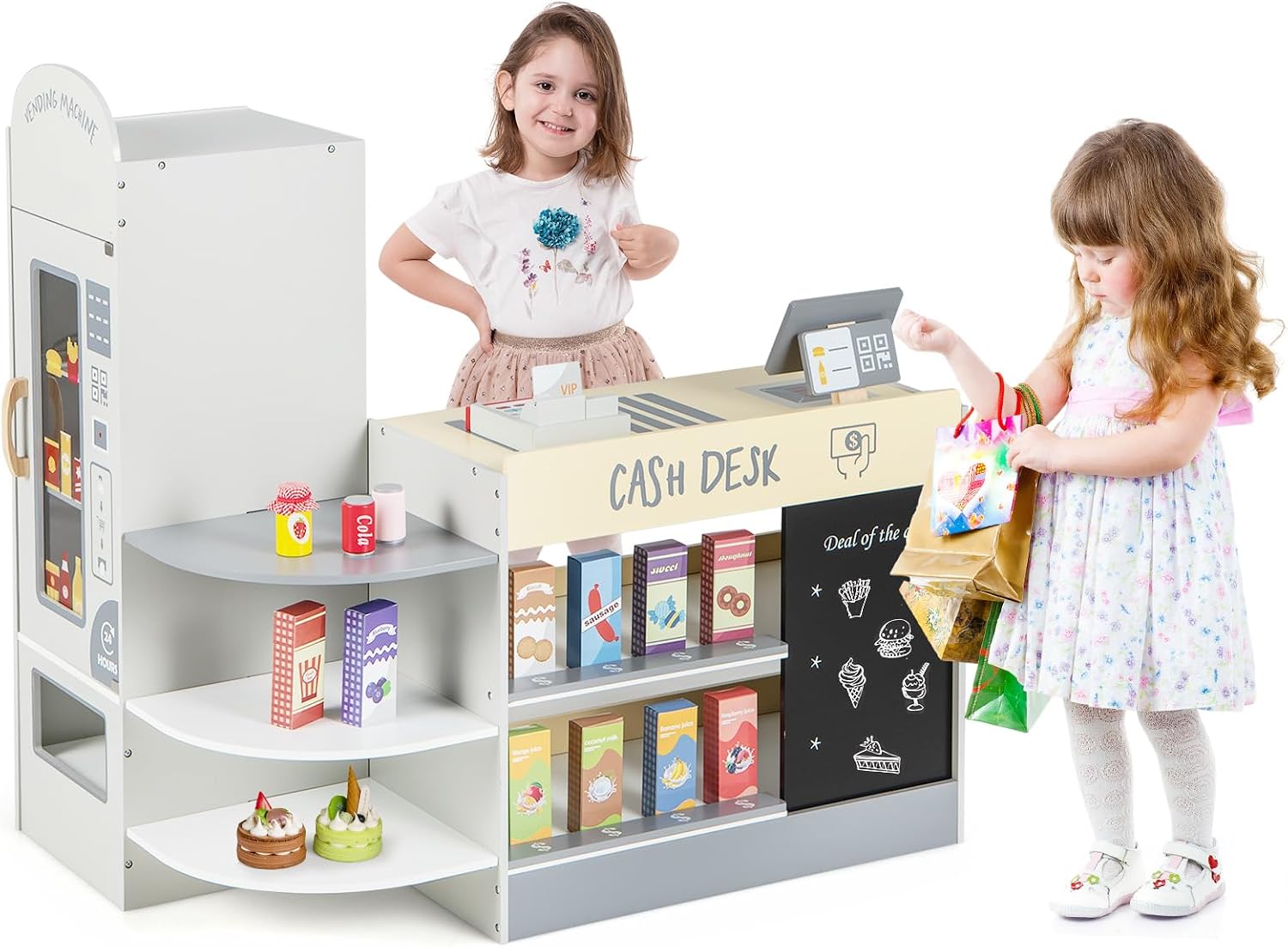 Costzon Kids Grocery Store Playset, Wooden Pretend Play Store with Chalkboard, Cash Register, Vending Machine, Play Food Accessories, Toddler Gift for Boys & Girls