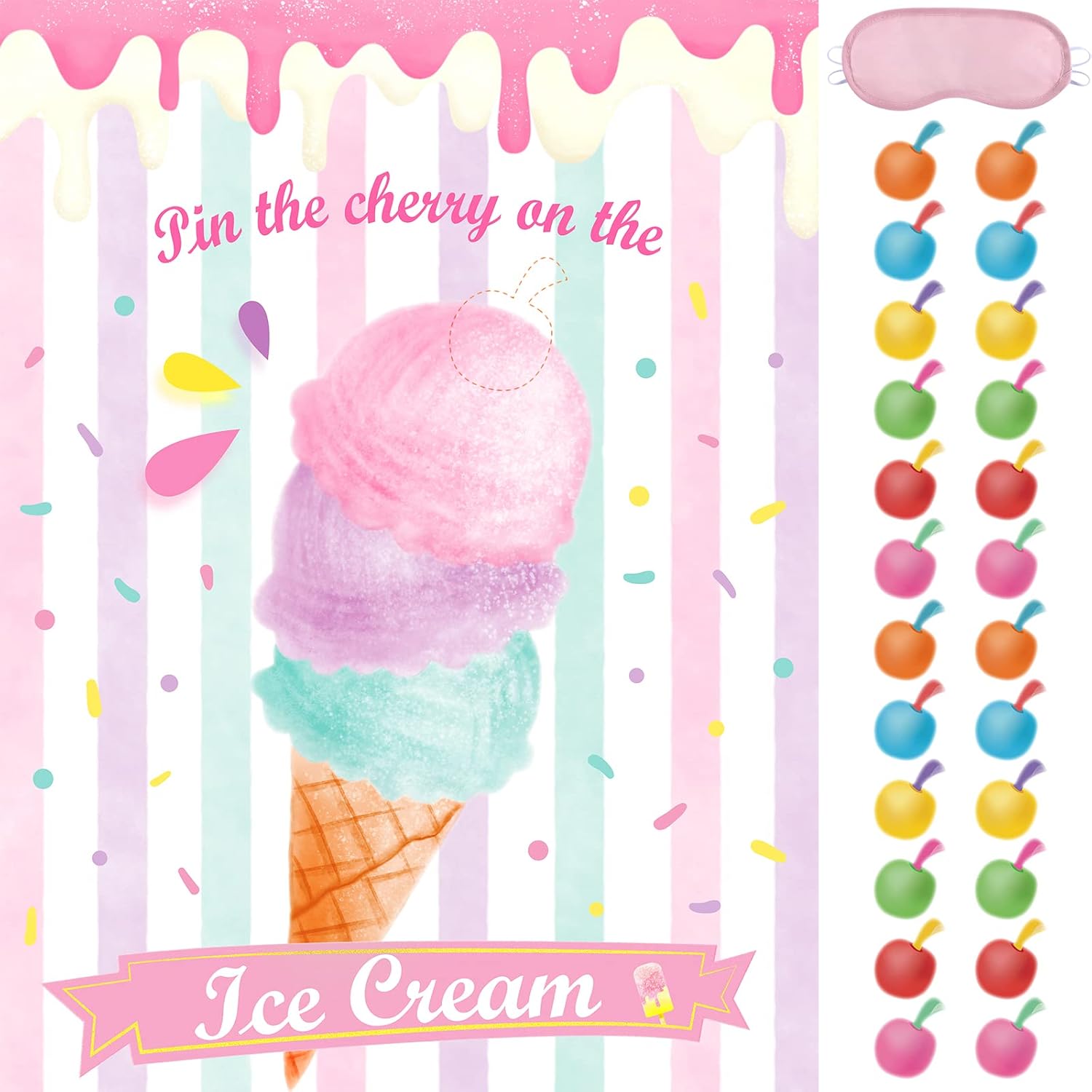 WERNNSAI Pin The Cherry on The Ice Cream Game - 21'' x 28'' Ice Cream Party Supplies for Kids Girls with 24 PCS Cherry Stickers Ice Cream Birthday Party Game Poster Wall Decor