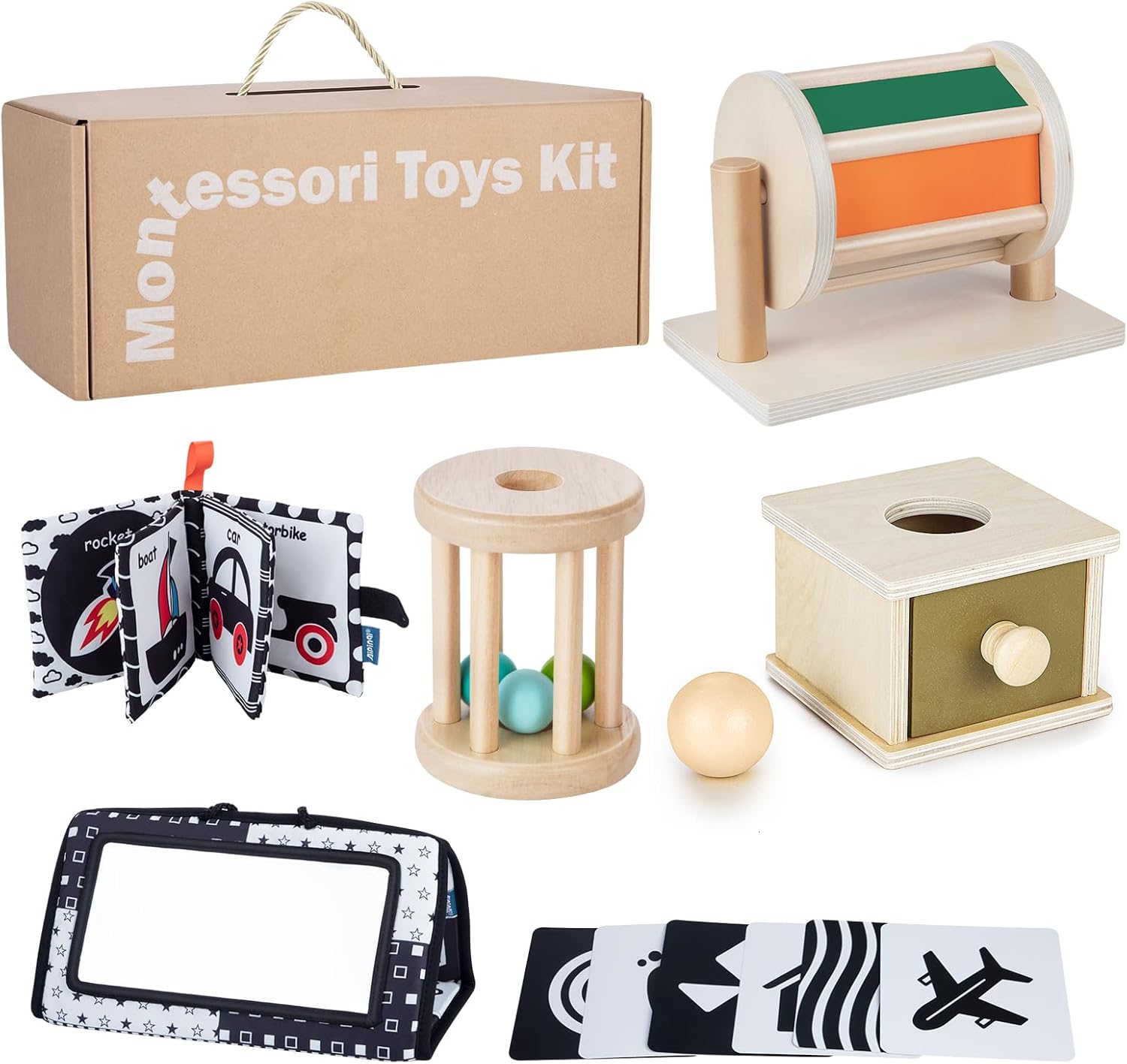 Montessori Toys for Babies 0-6 Months, 6 in 1 Learning Educational Set for for Newborn, Toddlers Gifts Includes Spinning Drum, Object Permanence Box, Baby Roller Tummy Time Mirror and More