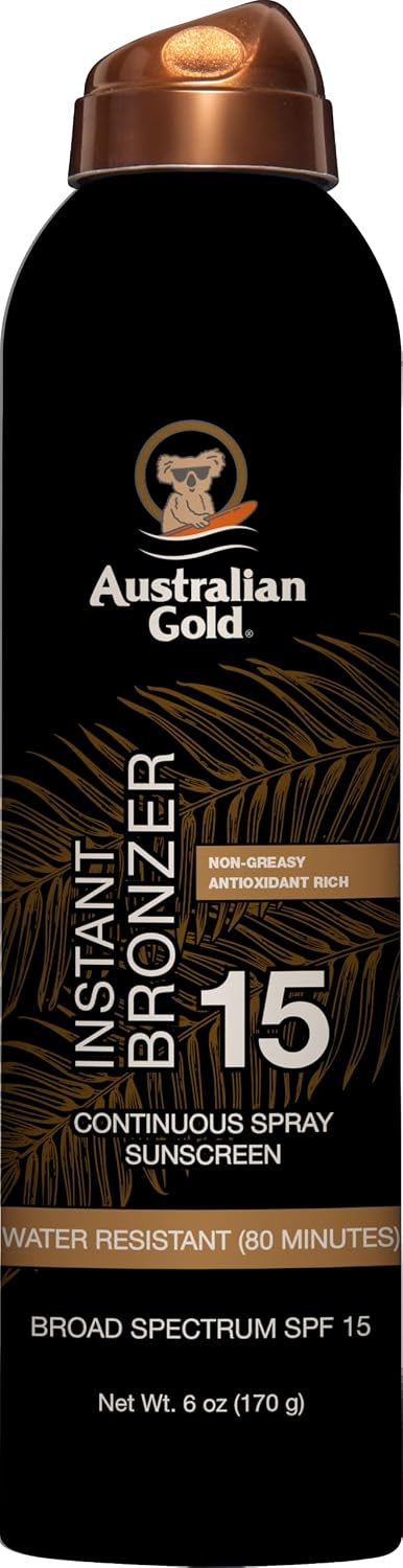 Australian Gold Continuous Spray Sunscreen SPF 15 | Instant Bronzer, 6 Fl