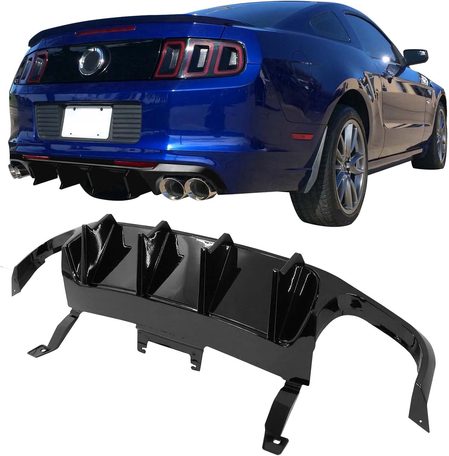 IKON MOTORSPORTS, Rear Diffuser Bumper Lip Compatible with 2013-2014 Ford Mustang Shelby GT500, GT500 Style Gloss Black PP Rear Bumper Lip Spoiler Diffuser W/ V4 Style Shark Fins