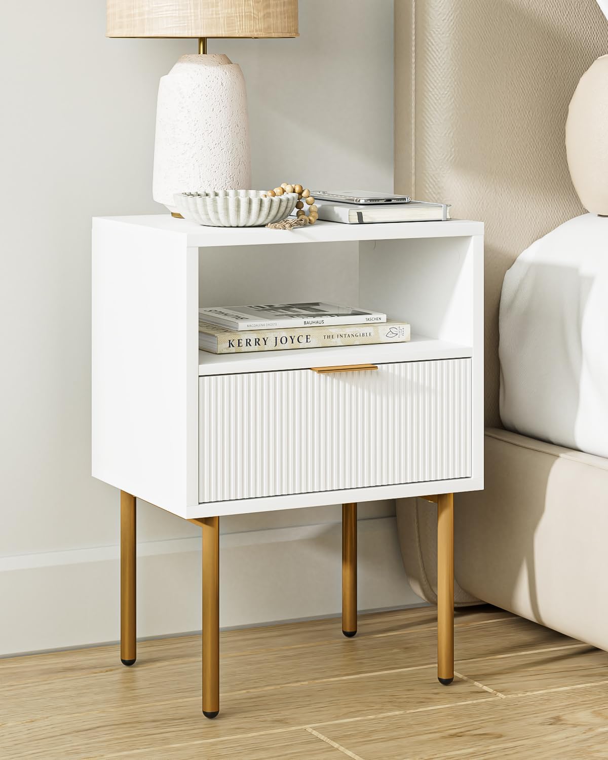 Nightstand,Small Bedside Table with Gold Frame,White Night Stand,Bedside Furniture,Side Table with Drawer and Shelf for Bedroom,Living Room
